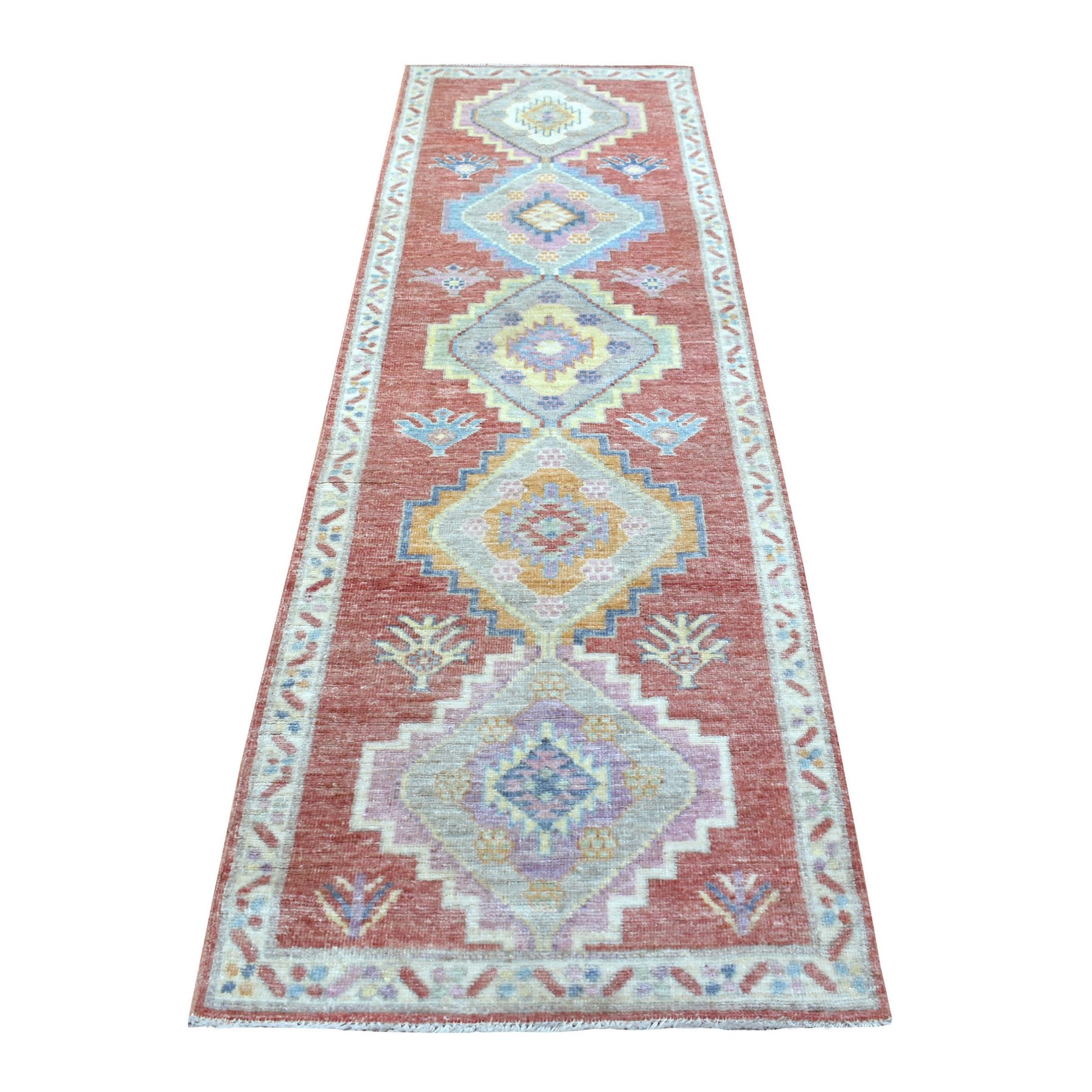 2'10"x9'6" Coral Red Afghan Angora Oushak with Geometric Medallions Design Soft Wool Hand Knotted Oriental Runner Rug 